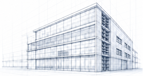 Blueprint wireframe drawing of a multi-storey glazed building